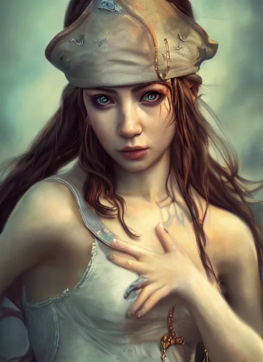 Image similar to detailed realistic full body pastel painting of a pirate female, beautiful face, elegant pose, fantasy, illustration, insanely detailed and intricate, octane render, 4k