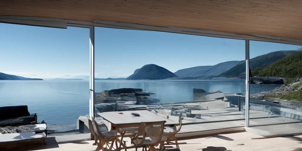 Prompt: modern norwegian fjord beach house designed by norman foster, contemporary architecture, photography