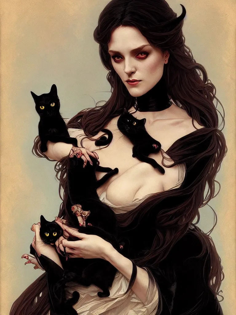 Prompt: an elegant single victorian vampire holding lovingly a black cat on her arms, portrait, intricate, elegant, highly detailed, digital painting, artstation, concept art, rough, sharp focus, illustration, art by artgerm and greg rutkowski and alphonse mucha and cris ortega and serge birault