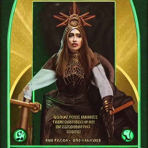 Image similar to AOC high priestess tarot card, green new deal apocalypse 8k octane render