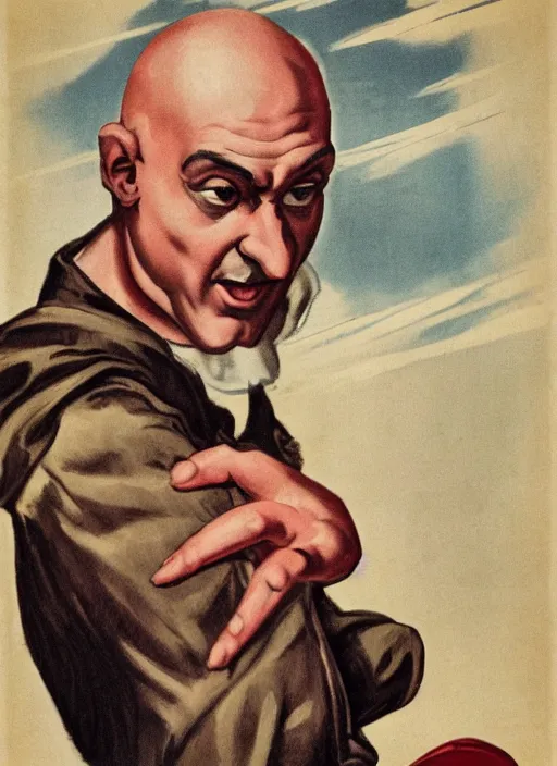 Image similar to portrait of glamorous bald medieval man with big nose and annoyed gesture,look of hate, threatening pose, 1940s propaganda poster, full hd,highly detailed