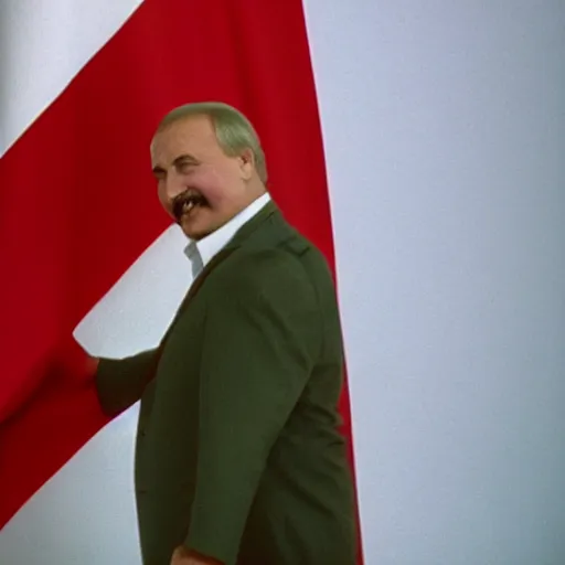 Image similar to Lukashenko happily hugging a white-red-white flag, film still, high detail