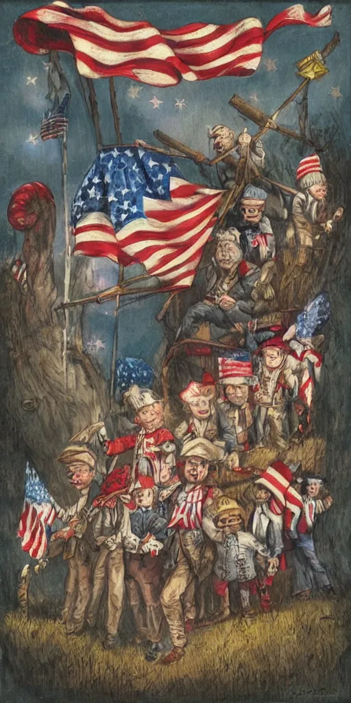 Prompt: a 1 7 7 6 4 th of july day scene with american and british soldiers by alexander jansson, joel fletcher, owen klatte, angie glocka, justin kohn, maurice sendak. 4 th of july day color palette.