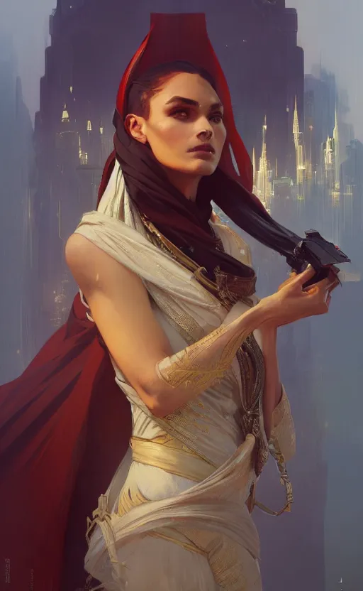 Image similar to a personification of the United Arab Emirates, highly detailed, digital painting, artstation, concept art, sharp focus, illustration, art by greg rutkowski and alphonse mucha