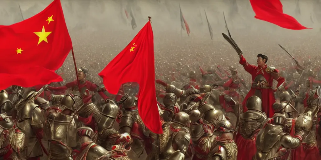 Prompt: mid shot cinematic artwork of a President Xi commanding an ancient Chinese army wearing red armor and holding red flags on the battlefield by greg rutowski, masterpiece, 4k