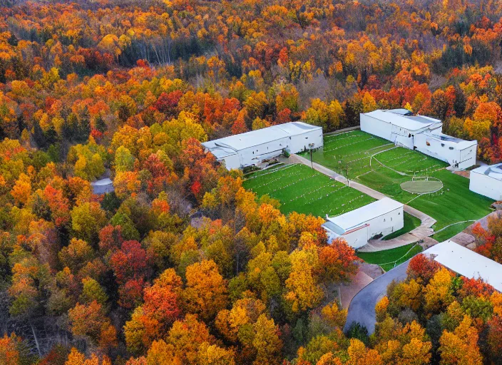 Image similar to low drone shot of a ranch style School campus in the middle of the Woods during autumn
