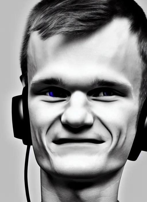 Image similar to vitalik buterin in headphones. vitalik buterin, close up, perfect symmetric face, coherent eyes, pixar, disney, beautiful smiling face, high detail, very sharp, 4 k