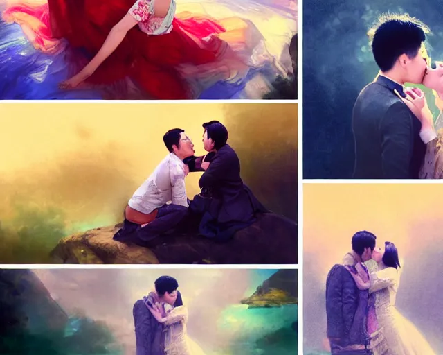 Image similar to photography of asian couples kissing each other, deep focus, d & d, presented as magazine collage style, volumetric light, colourful, sharp, detailed, digital painting by rolf armstrong, jeremy lipkin and michael garmash, rob rey and kentaro miura style