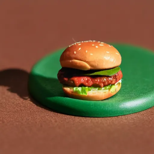 Image similar to macro photo of a miniature ho scale cheeseburger figure, taken with canon 8 0 d, canon 1 0 0 mm f / 2. 8