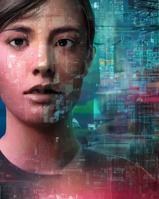 Image similar to A broken monitor with a calm AI women's face on it. Very very very strong glitches on the monitor. The face is blurry with glitches. Extremely high detail, glitchcore, glitches, glitch, cyberpunk, 8k render