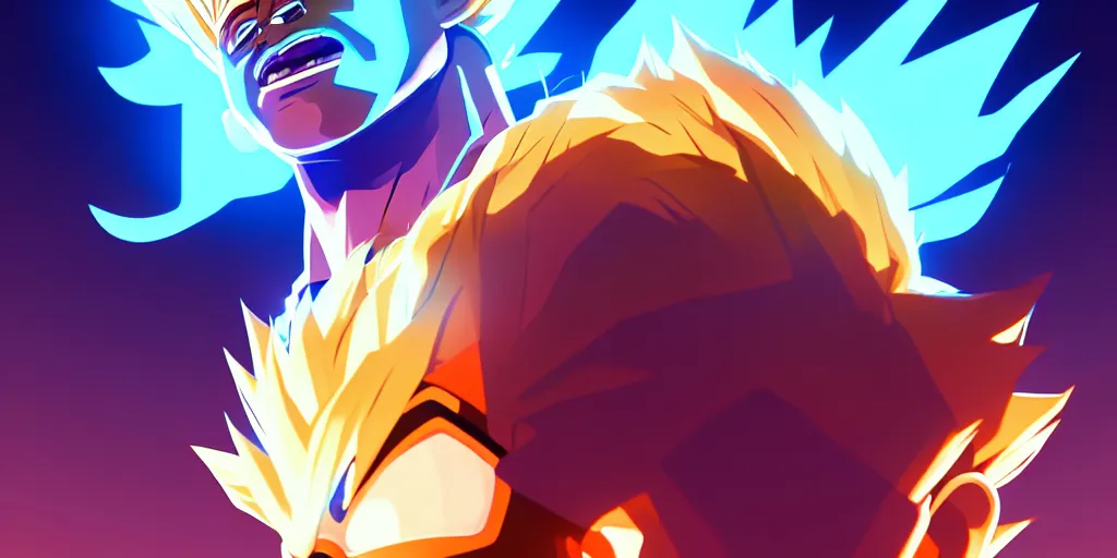 Image similar to low angle portrait of the Einstein transformed in a Super Saiyan , tepainting concept Blizzard pixar maya engine on stylized background splash comics global illumination lighting artstation lois van baarle, ilya kuvshinov, rossdraws