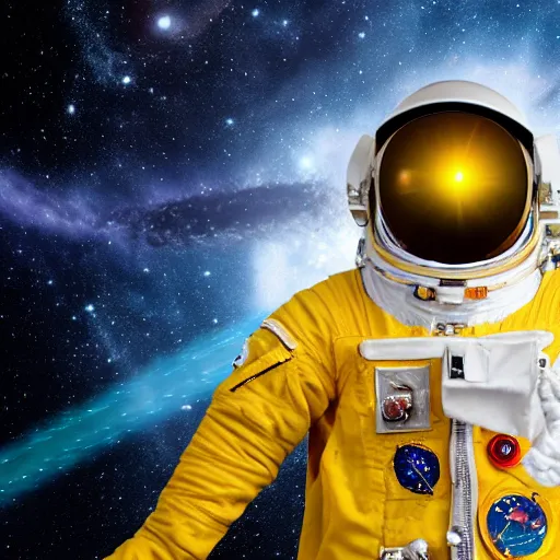 Image similar to astronaut in space, galactic background reflections on suit on one side and a yellow planet on the other side