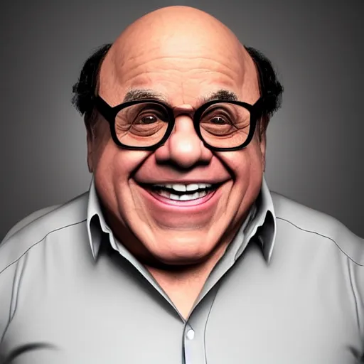 Image similar to digital art of portrait of danny devito, excited facial expression, head - and - shoulders shot, white background, cute pixar character, houdini 3 d render