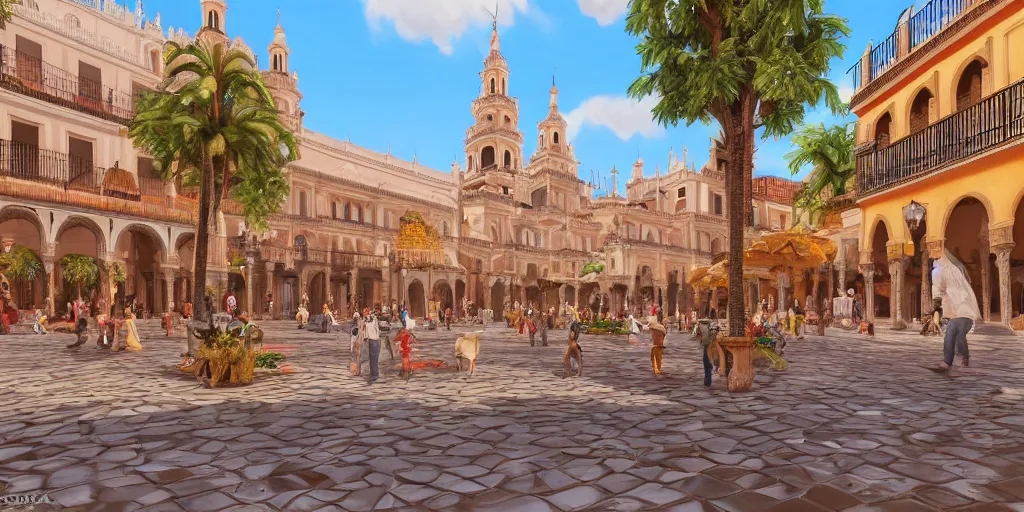 Prompt: ultra detailed and realistic painting of la plaza nueva ( seville ) inspired by very beautiful cute and colored disney movie backgrounds, rendered in 8 k unreal engine