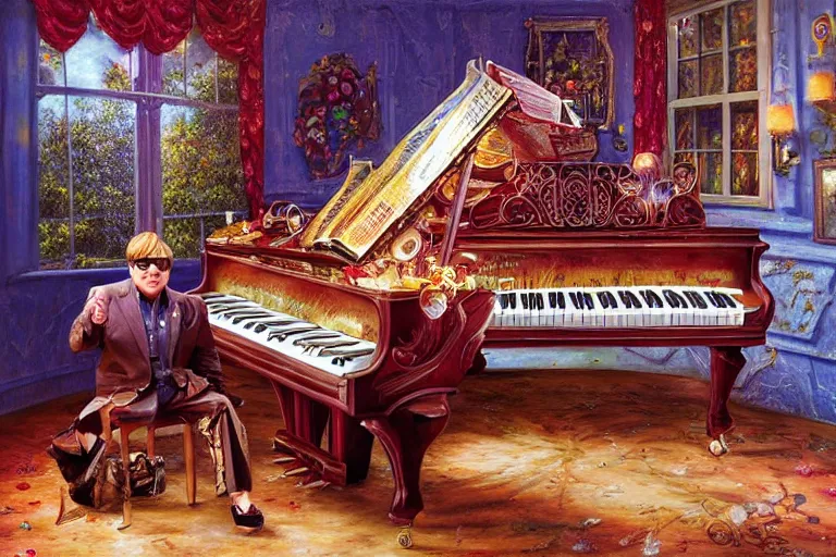 Image similar to elton john playing a piano in a pool filled with baked beans, an oil painting by ross tran and thomas kincade