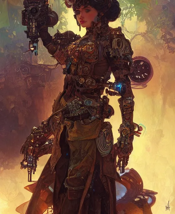 Image similar to a steampunk dieselpunk terminator, fantasy, intricate, elegant, highly detailed, colorful, vivid color, digital painting, artstation, concept art, art by artgerm and greg rutkowski and alphonse mucha and ruan jia