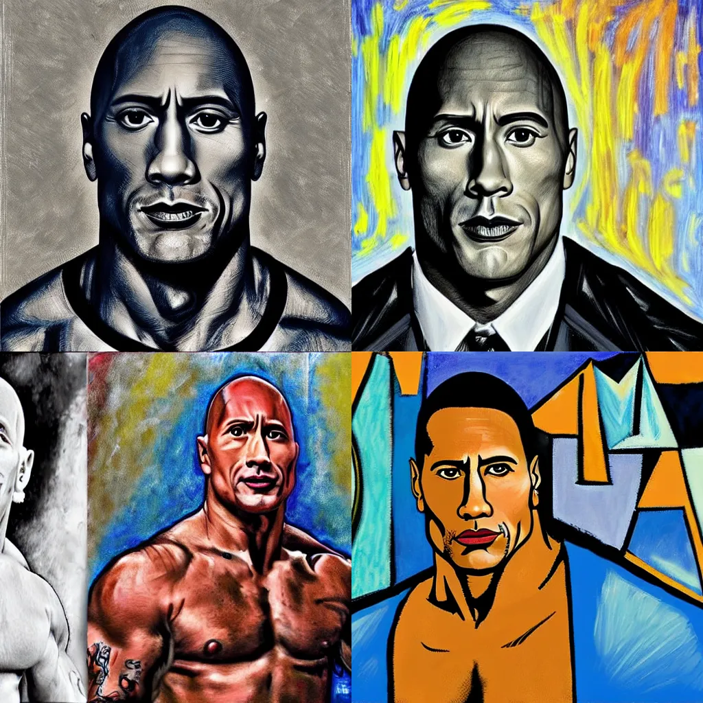 Prompt: Dwayne The Rock Johnson portrait in the style of Picasso