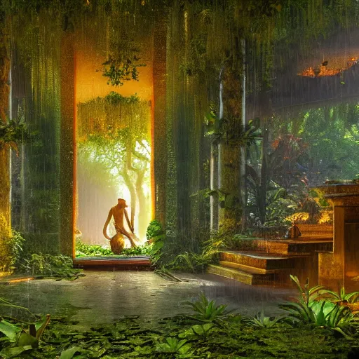Image similar to A golden monkey temple deep in a rain soaked jungle, emerald leaves all around; light steeps through the petalled leaves and dappled shadows coast over a mossy floor. Ruby torches burning with blue flame adorn a front door by greg rutkowski trending on artstation ultra realistic 8k octane render