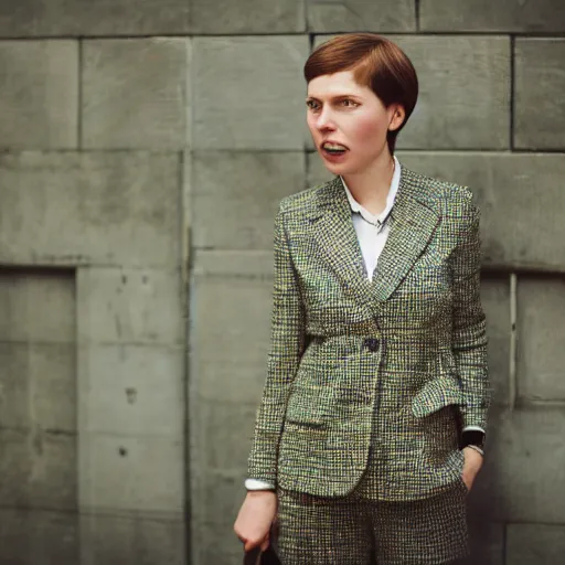 Prompt: hyperdetailed photo of a peaceful woman with light blue eyes and open mouth, really short hair, in a cybercity, wearing tweed wool suit, inside berghain, classic, photo 3 5 mm leica, hyperdetail, 8 k, very detailed, fine - face