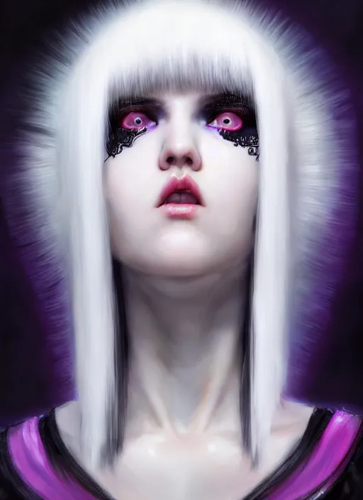 Image similar to whitebangs, black hair, black cyberlox, portrait of white teenage girl, normal face, white bangs, fluffy bangs, cyberlox, whitebangs, red contact lenses, purple background, intricate, elegant, highly detailed, digital painting, artstation, concept art, sharp focus, smooth, illustration, art by wlop, mars ravelo and greg rutkowski