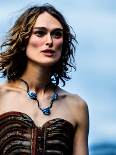 Image similar to a photograph of Keira Knightley wearing a necklace of seashells from the stage production of The Tempest taken with Nikon D3500