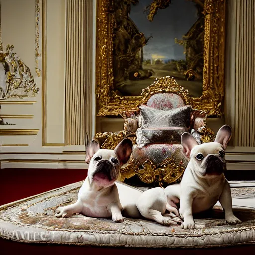 Image similar to 8k highly detailed photo by David Bailey of A French Bulldog Louis XIV, decadent throne room, the other animals prostrate themselves before the throne, French architecture