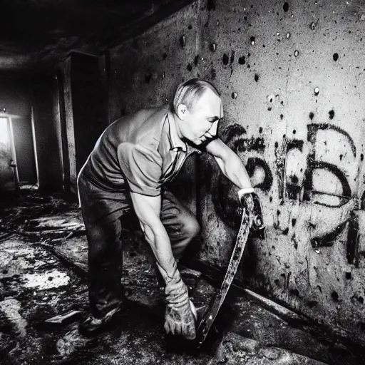 Image similar to putin with a chainsaw. in a concrete bunker with a pile of corpses. focus on putins face with blood splatters. canon eos r 3, f / 1. 4, iso 1 6 0 0, 1 / 8 0 s, 8 k, raw, grainy