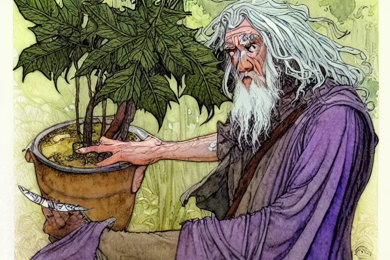 Image similar to a realistic and atmospheric watercolour fantasy character concept art portrait of gandalf with pink eyes freaking out with a pot leaf nearby, by rebecca guay, michael kaluta, charles vess and jean moebius giraud