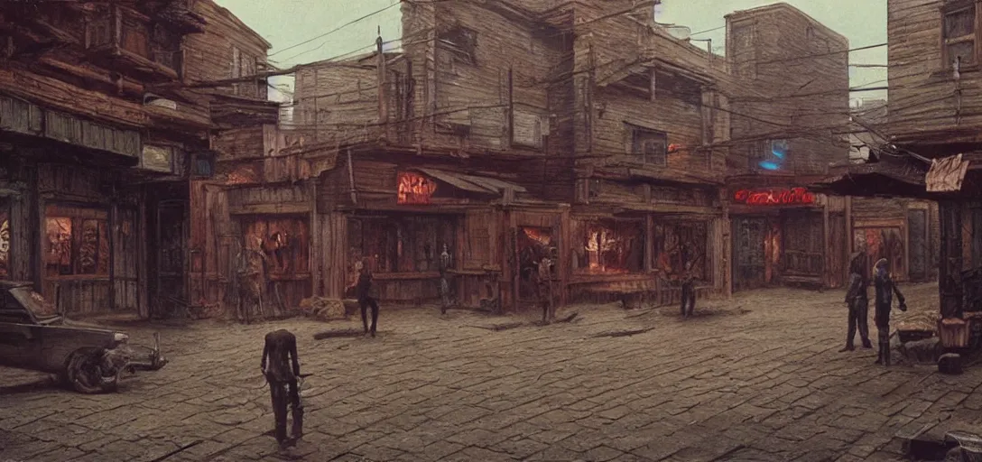 Image similar to from a movie scene, painting of a cyberpunk western saloon exterior in old town, beksinski, gregory crewdson, cinematic wide shot