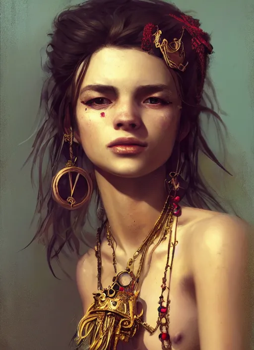 Image similar to full body picture of a pirate girl, hard breathing, messy hair, very excited, front of the treasure box, jewels and gold on the background, coveted, beautiful and aesthetic and attractive and detailed face, specular reflection, occlusion shadow, intricate, bokeh, masterpiece, by ilya kuvshinov and jeremy lipking and quentin mabille