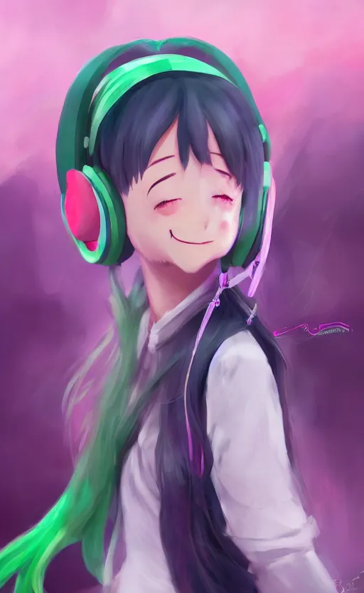 Image similar to anime girl with pink ponytail, wearing purple headphones, wearing a green sweater, with a smile on her face and her eyes closed, walking down a street, dynamic lighting, photorealistic fantasy concept art, trending on art station, stunning visuals, creative, cinematic, ultra detailed