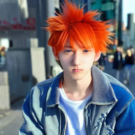 Image similar to orange - haired anime boy, 1 7 - year - old anime boy with wild spiky hair, wearing blue jacket, shibuya street, bright sunshine, strong lighting, strong shadows, vivid hues, sharp details, subsurface scattering, intricate details, hd anime, high - budget anime movie, 2 0 2 1 anime