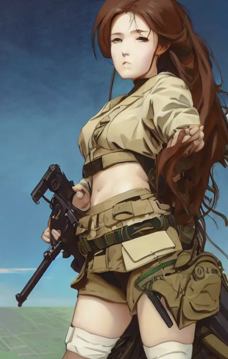 Prompt: infantry girl, anime style, symmetrical facial features long hair, hair down, under heavy fire, explosions, wallpaper, hyper realistic, pale skin, rule of thirds, extreme detail, 4 k, detailed drawing, trending artstation, realistic anatomy, trading card front, by alphonse mucha, greg rutkowski, sharp focus, backlit, fast helmet