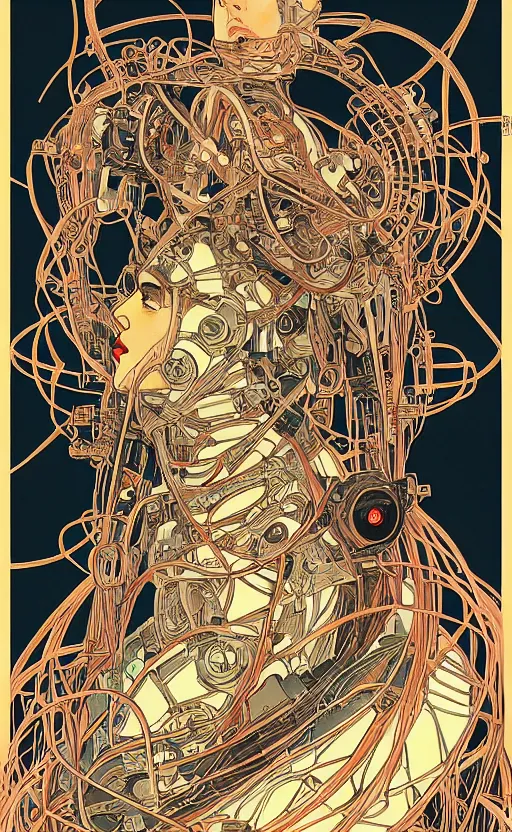 Prompt: upper half portrait of army mecha robot - wires and vines as poster design borders, art by alphonse mucha & utagawa kunisada, highly detailed, digital painting, concept art, illustration, smooth sharp focus, intricate, symmetry, artstation, colourful,