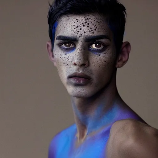 Image similar to a young beautiful slim athletic indian male has freckles color blue with an ombre effect, his eyes pupils are purple, his hair is colored blue silver ombre, photographed by erwin olaf