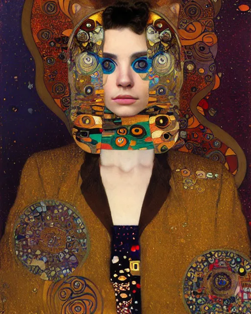 Prompt: jacket cat portrait an oil painting splashes with many colors and shapes by gustav klimt greg rutkowski and alphonse mucha, polycount, generative art, psychedelic, fractalism, glitch art