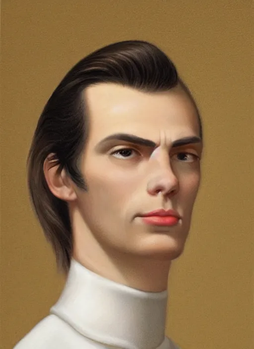 Image similar to a very skinny young white male close-up portrait of young white male, with long dark brown slicked back hair shoulder length slicked back hair, with pearl necklace and pearl earing, in the museum, in white turtleneck shirt, Tarzan, painting in the museum, highly detailed, sharp focus, digital painting