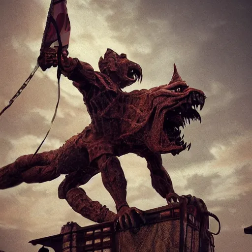 Image similar to [Rusty gargoyle on a checkered flag in an art gallery, very detailed, cinematic lighting, matte, sharp, photography, octane render, unreal engine, art by enki bilal]