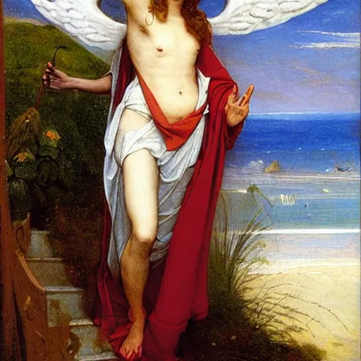 Image similar to An angel with jester hat and clothes on the front of a Balustrade with a beach on the background, major arcana cards, by paul delaroche, hyperrealistic