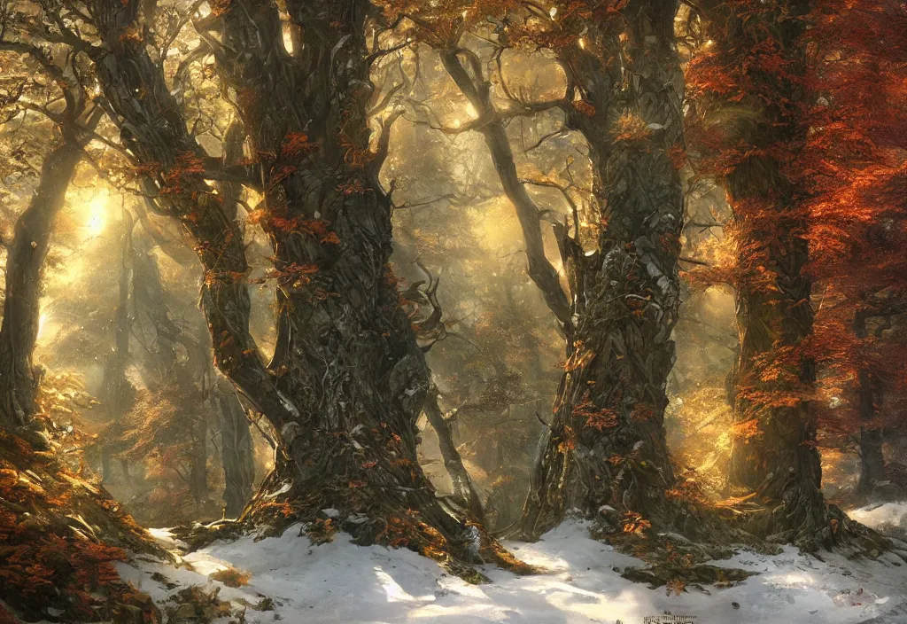 Image similar to tree, spring, summer, autumn, winter, snow, volymetric light, highly detailed matte painting, noriyoshi ohrai, charlie bowater, mark brooks