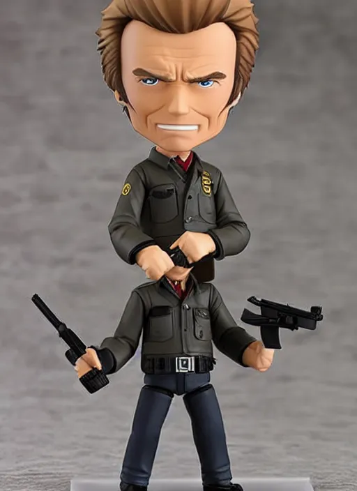 Image similar to clint eastwood, a nendoroid of clint eastwood is dirty harry figurine, realistic face, detailed product photo