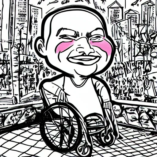 Image similar to billy corgan in an old man's wheelchair in front of an amusement park, laughing, smiling at child's photograph, realistic photo, photoshop, cartoon drawing, hand drawn, digital cartoon, caricature