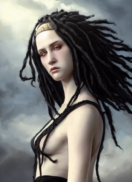 Image similar to girl with pale white skin and black dreadlocks, beautiful highly detailed face, complementary lighting, backlit, black eyeshadow, dark eyes, adventure, dramatic lighting, landscape background, beautiful painting by artgerm and greg rutkowski and raymond swanland