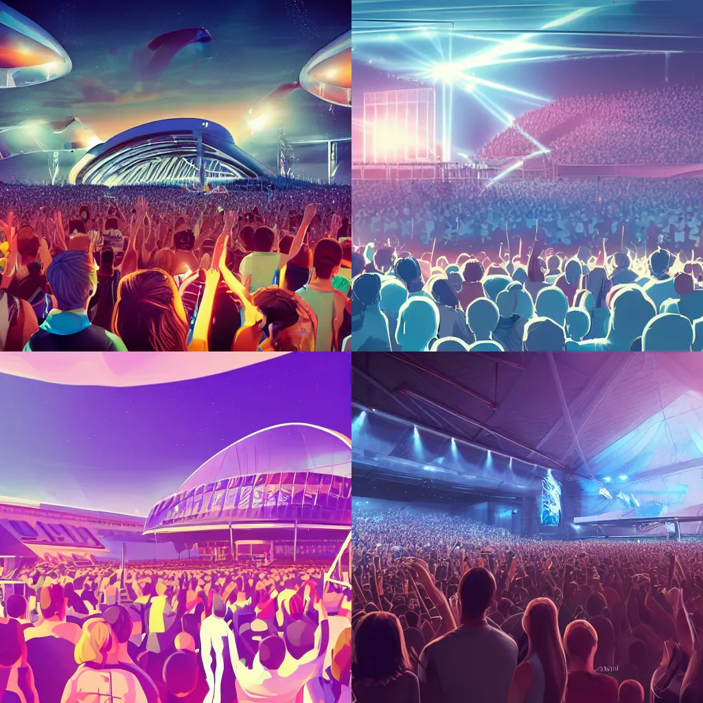 Prompt: a small futuristic concert arena concept art with an excited crowd, digital key art, artstation, valorant, golden hour, open skies