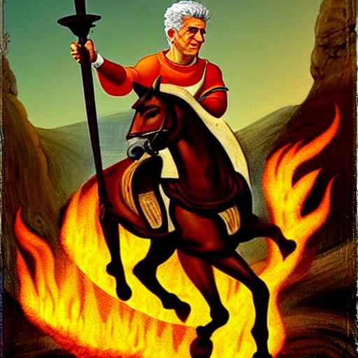 Prompt: painting of yair lapid holding a flaming torch and riding a white mule at the gates of jerusalem, in the style of michaelangelo, intricate, high detail