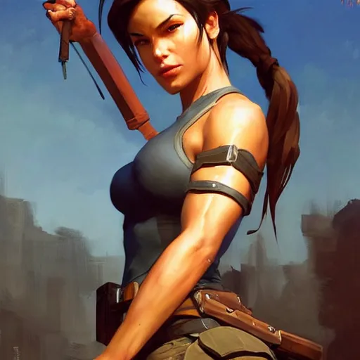 Image similar to greg manchess portrait painting of partially armored lara croft as overwatch character, close - up shot, asymmetrical, profile picture, organic painting, sunny day, matte painting, bold shapes, hard edges, street art, trending on artstation, by huang guangjian and gil elvgren and sachin teng