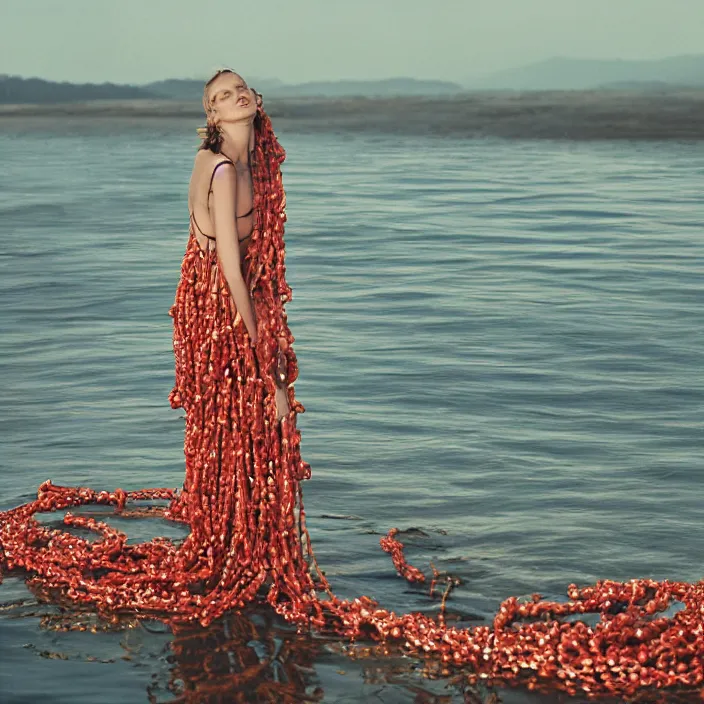 Prompt: a woman with a dress made of rose chains standing next to water, golden hour, vogue magazine