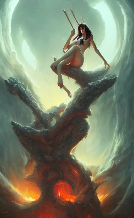 Prompt: a mesmerizing succubus sitting in a relaxed pose on her throne of bones in hell, Jordan Grimmer, Noah Bradley