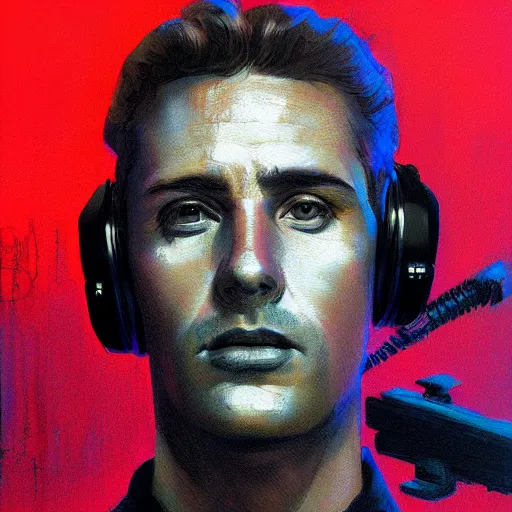 Image similar to portrait painting of a science fiction character art radio operator, retrowave noir, in the style of casey baugh and theo van rysselberghe, hyper realistic face, photorealistic face