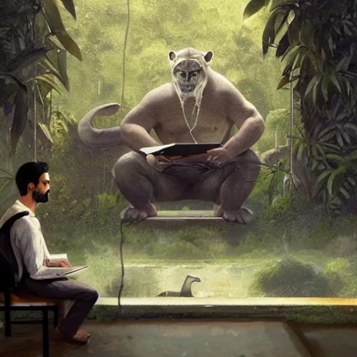 Prompt: a man sitting at a computer, as jungle animals come out of the wall, painting by Greg Rutkowski